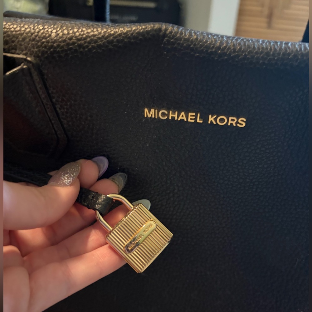 Michael Kors Black Pebbled Leather Tote with Gold Accents